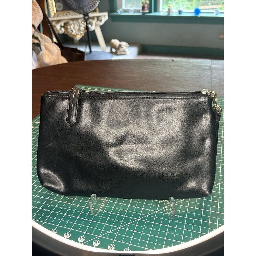 BCBG Black Leather Wristlet Clutch Shoulder Strap With Zipper